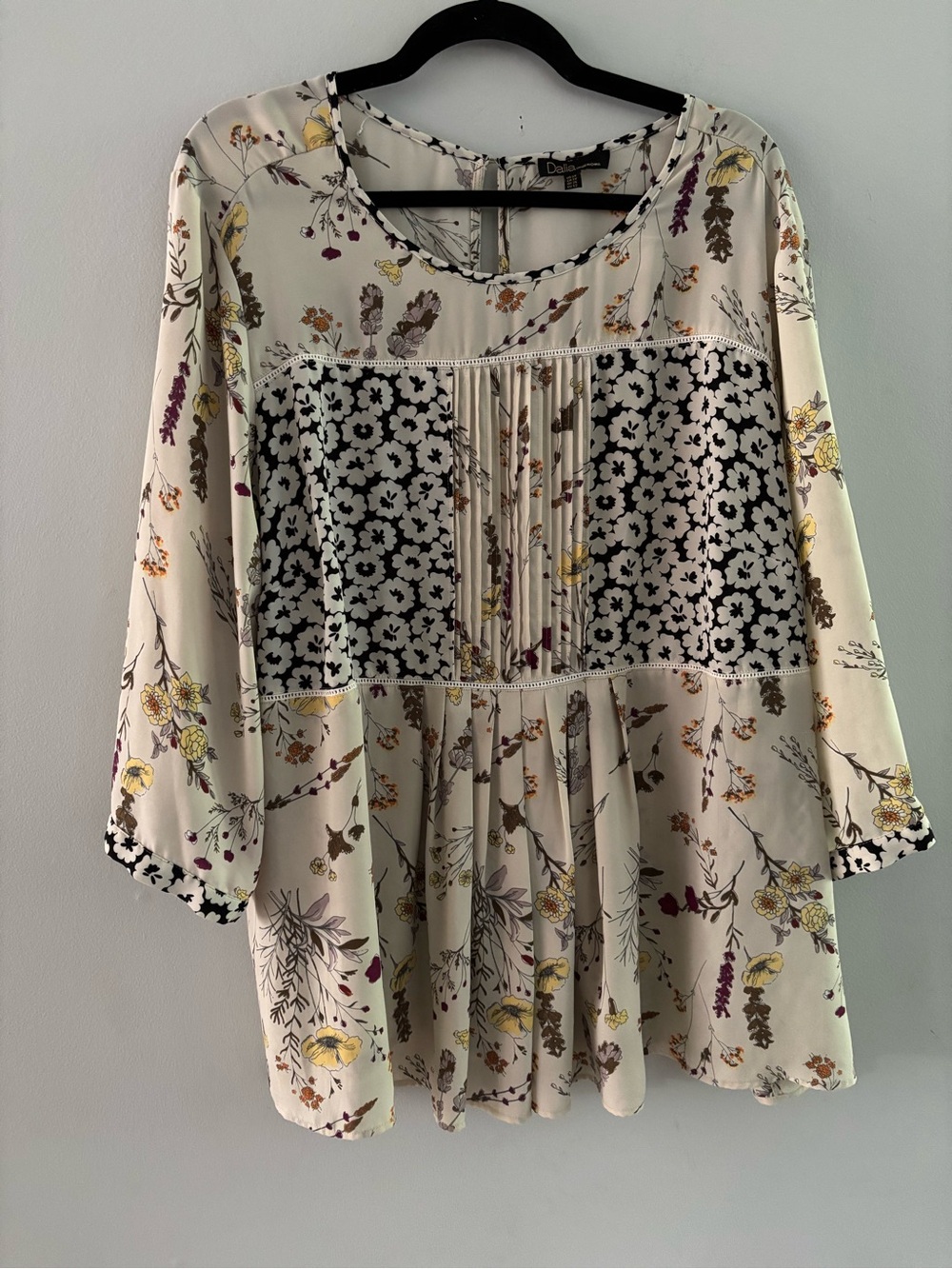Dalia Collection Plus Size 3XL Boho Mixed Print Pleated Peasant Blouse Tunic Top